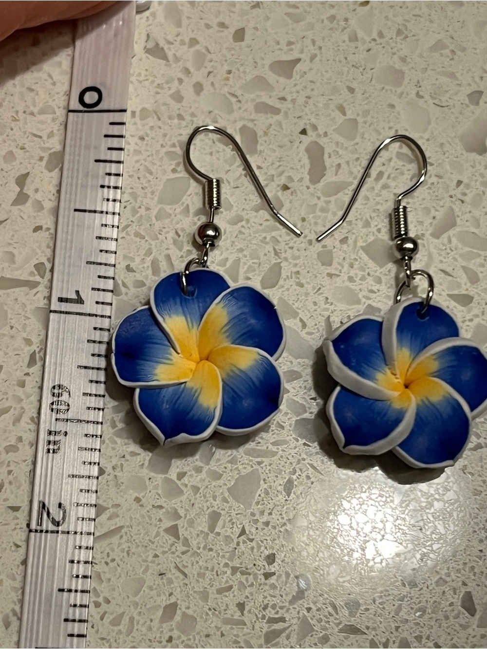 Blue & Yellow Plumeria Flower Drop Earrings - Women Jewelry - Picture 5 of 9